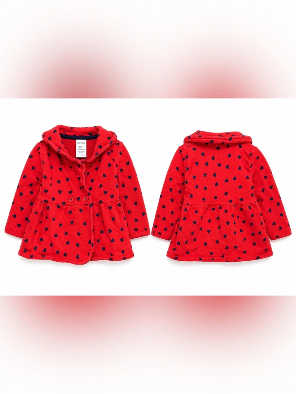 Carter’s Baby Girl Red Heart Print Cotton Cardigan Jacket Size 12 Months